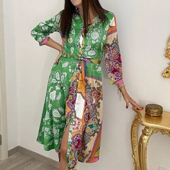 Boho Paisley Print Button up Satin Dress - Picture 2 of 7